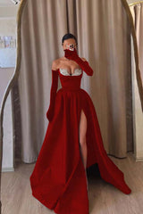 Strapless Sleeveless Long Split Formal Dress With Beading Long Gloves