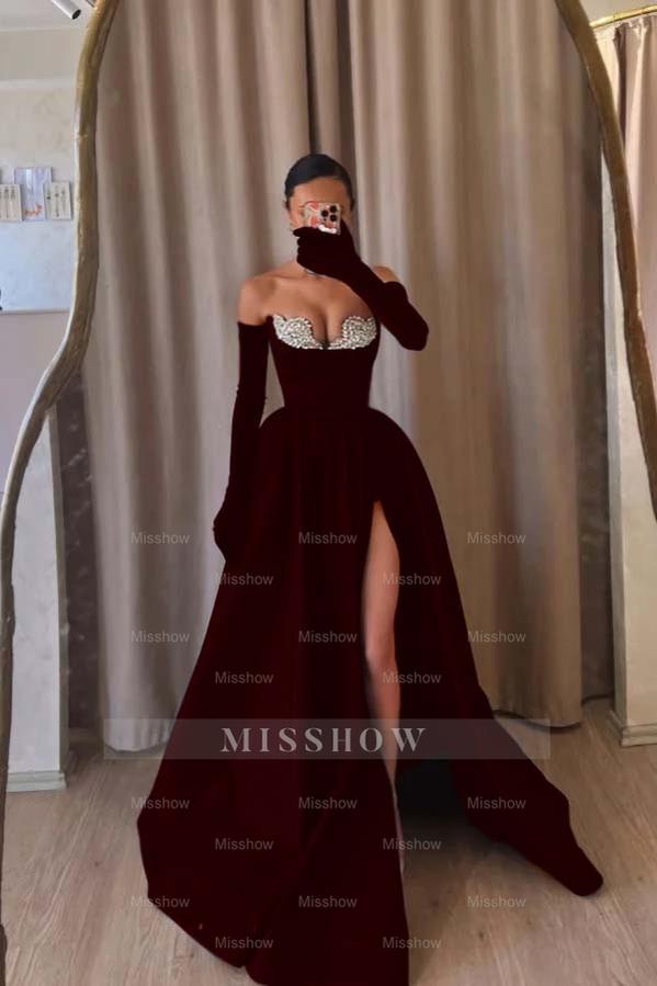 Strapless Sleeveless Long Split Formal Dress With Beading Long Gloves