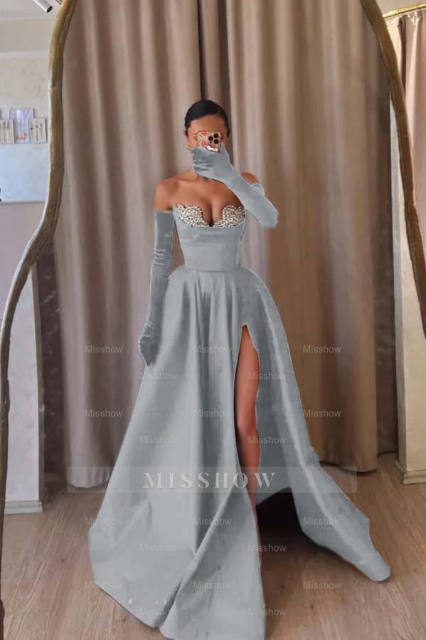 Strapless Sleeveless Long Split Formal Dress With Beading Long Gloves