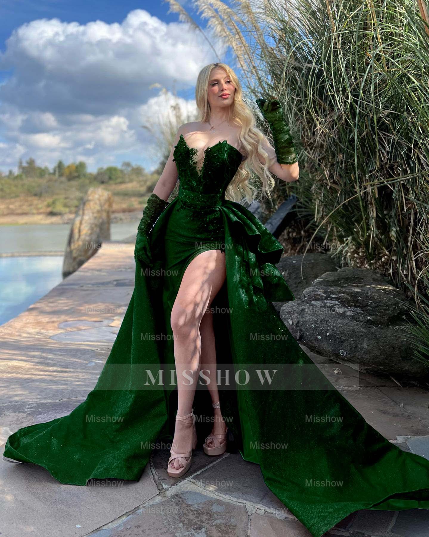 Strapless Sleeveless Long Split Formal Dress With Gloves Beading