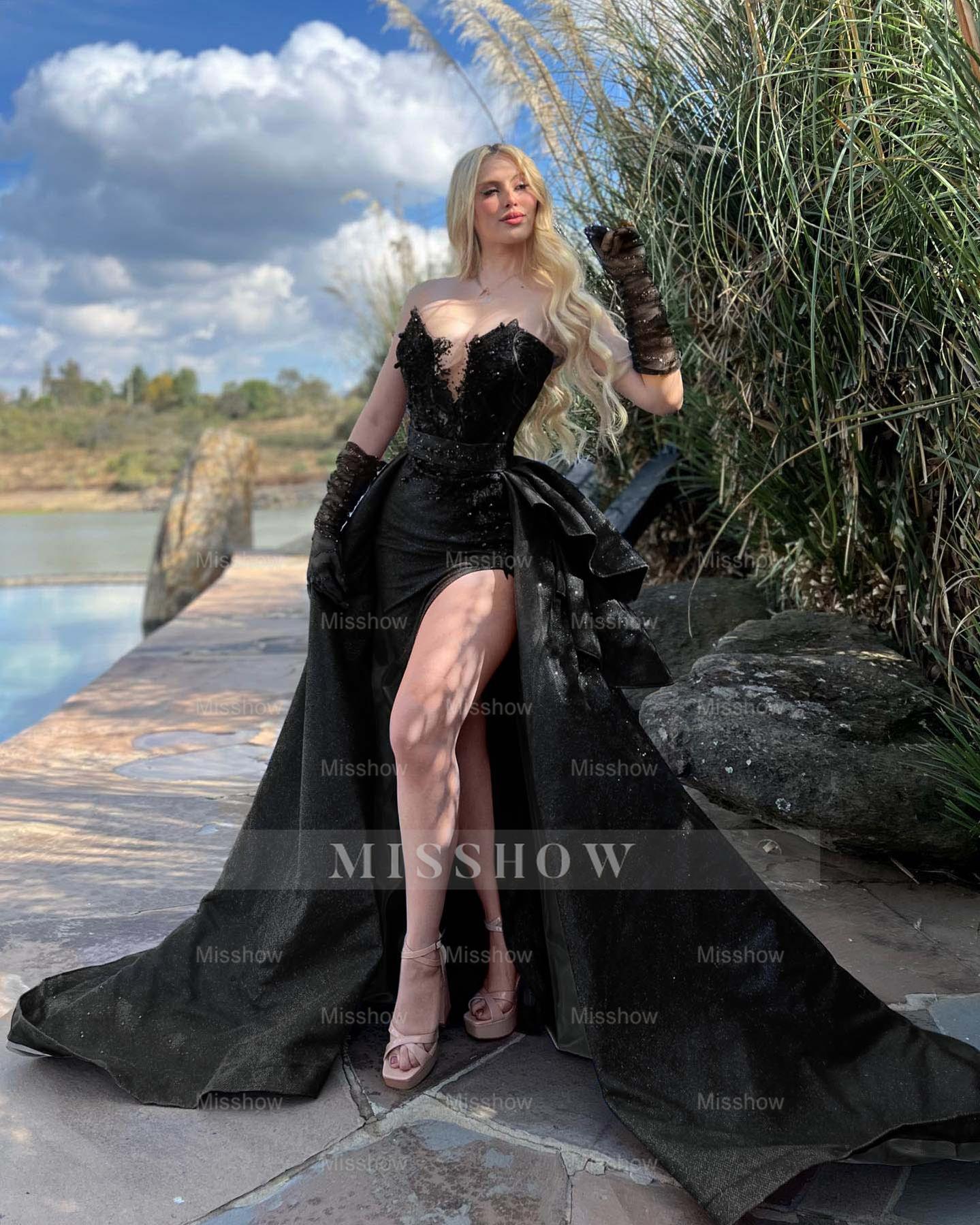 Strapless Sleeveless Long Split Formal Dress With Gloves Beading