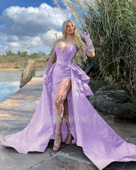 Strapless Sleeveless Long Split Formal Dress With Gloves Beading