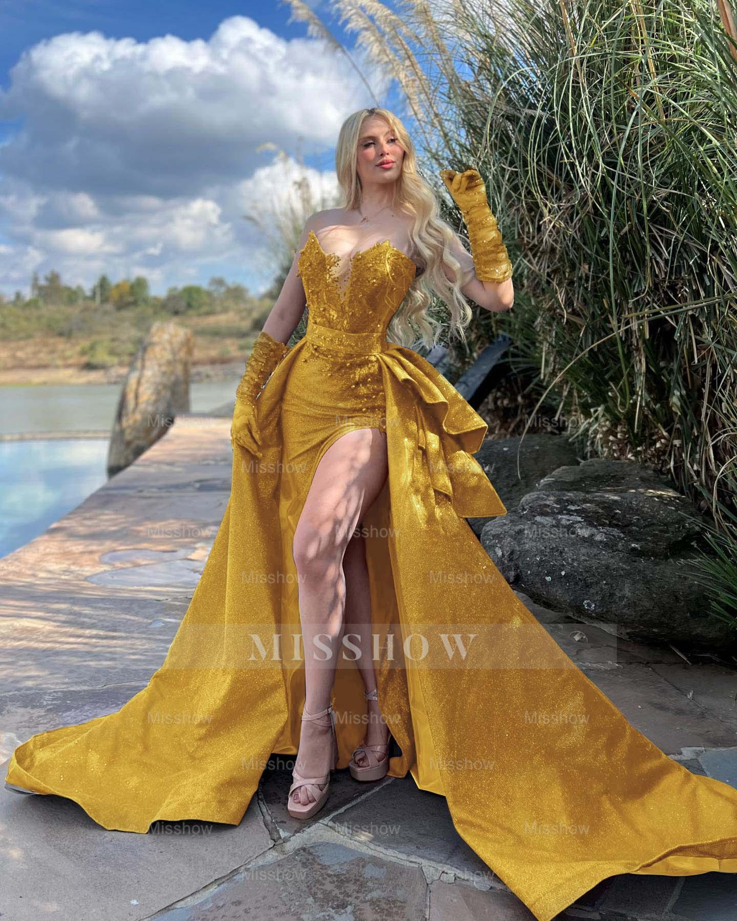 Strapless Sleeveless Long Split Formal Dress With Gloves Beading