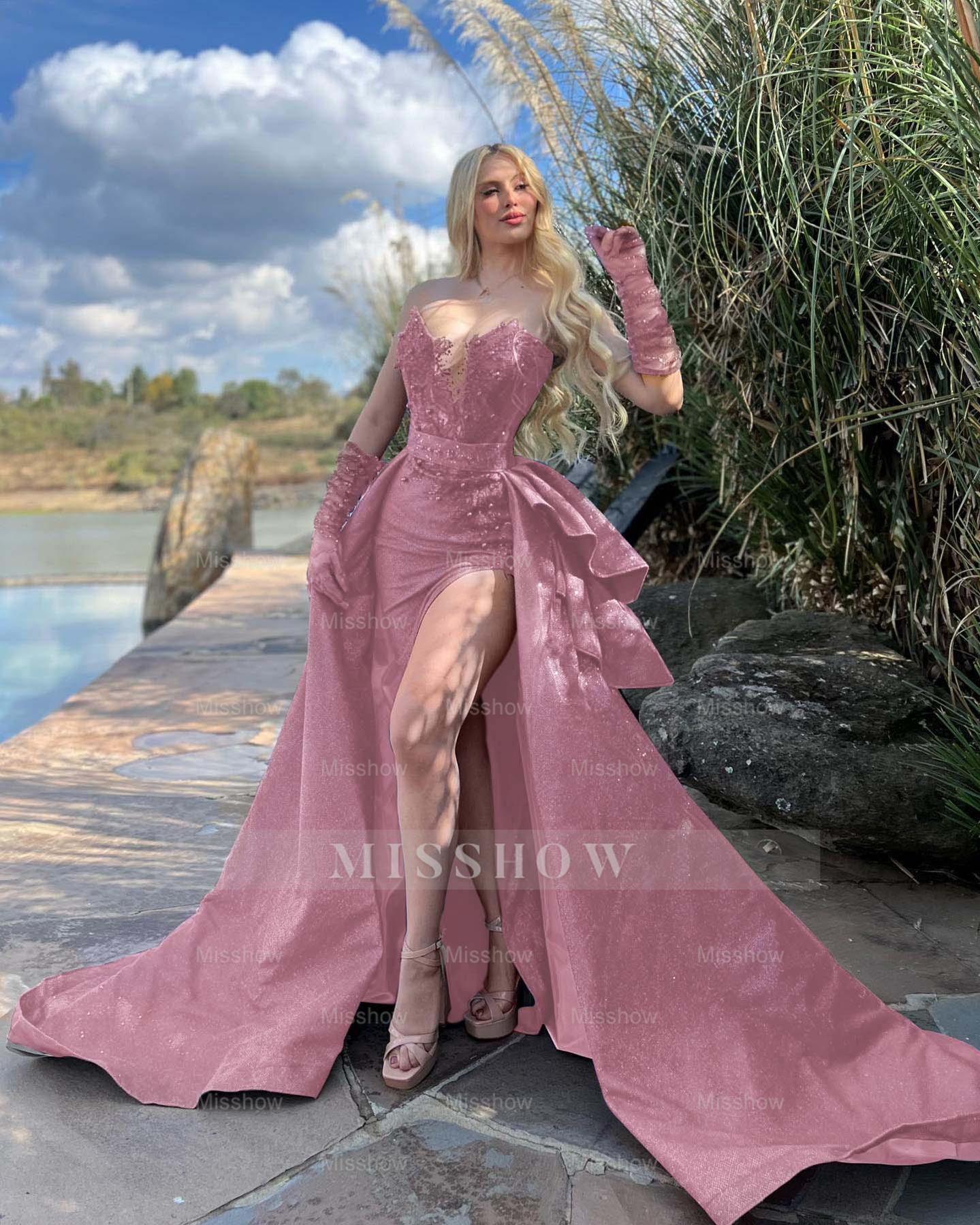 Strapless Sleeveless Long Split Formal Dress With Gloves Beading