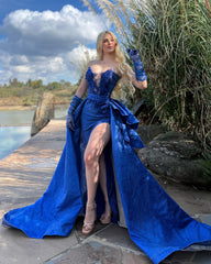 Strapless Sleeveless Long Split Formal Dress With Gloves Beading