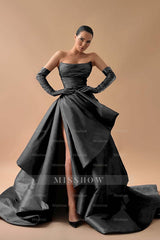 Strapless Sleeveless Long Split Formal Dress With Gloves Pleated