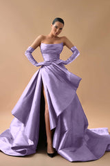 Strapless Sleeveless Long Split Formal Dress With Gloves Pleated
