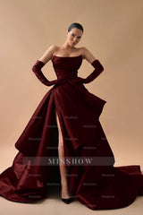 Strapless Sleeveless Long Split Formal Dress With Gloves Pleated