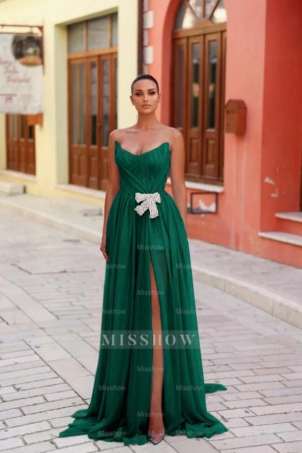 Strapless Sleeveless Long Split Formal Dress With Pleated Beading