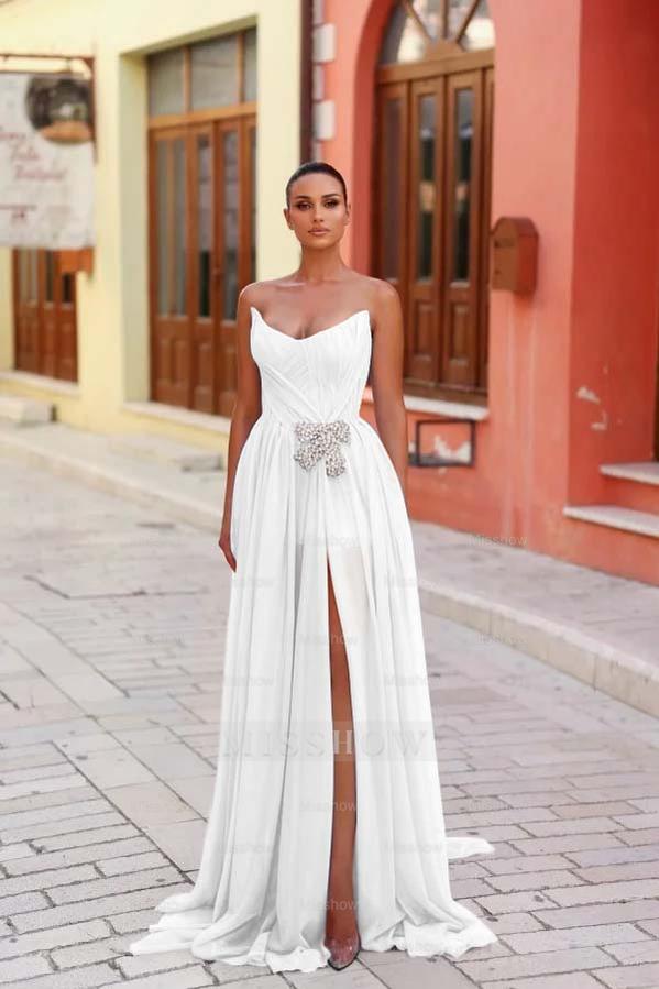 Strapless Sleeveless Long Split Formal Dress With Pleated Beading