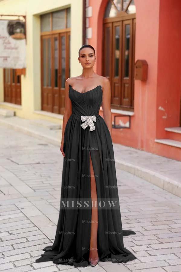Strapless Sleeveless Long Split Formal Dress With Pleated Beading