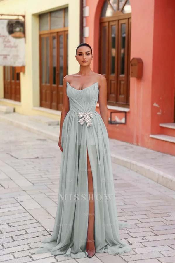 Strapless Sleeveless Long Split Formal Dress With Pleated Beading