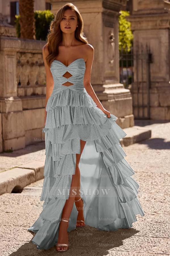 Strapless Sleeveless Long Split Formal Dress With Pleated Beading