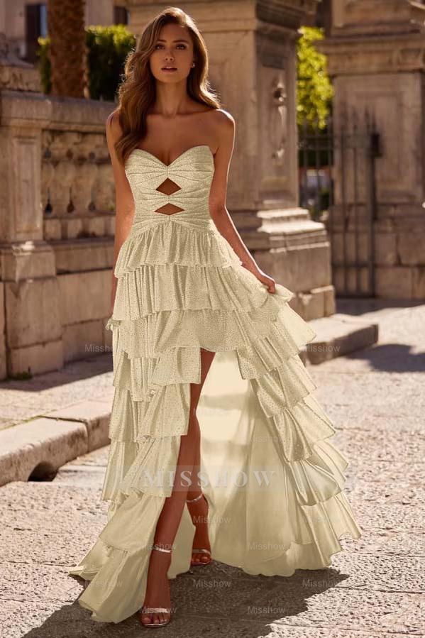 Strapless Sleeveless Long Split Formal Dress With Pleated Beading