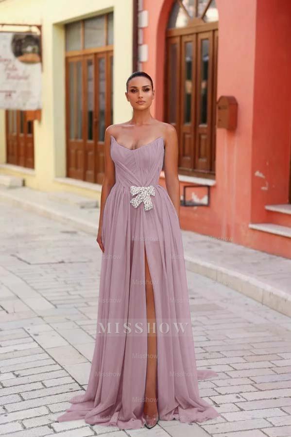 Strapless Sleeveless Long Split Formal Dress With Pleated Beading