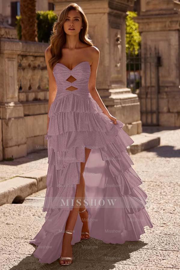 Strapless Sleeveless Long Split Formal Dress With Pleated Beading