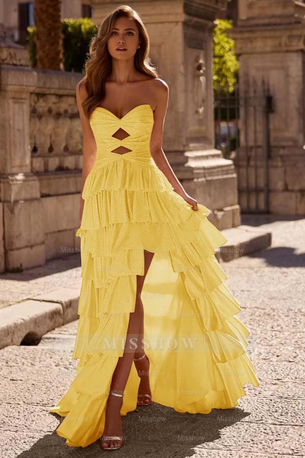 Strapless Sleeveless Long Split Formal Dress With Pleated Beading