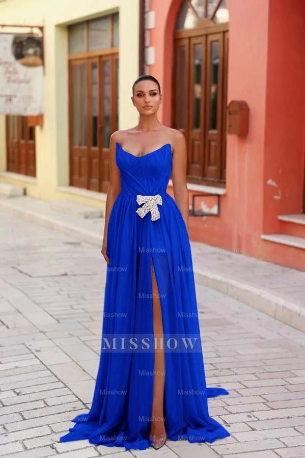 Strapless Sleeveless Long Split Formal Dress With Pleated Beading