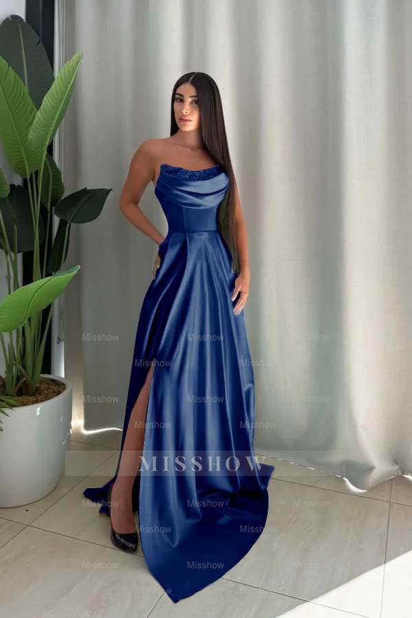 Strapless Sleeveless Long Split Formal Dress With Pleated Sequin