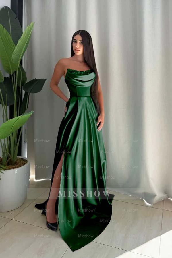 Strapless Sleeveless Long Split Formal Dress With Pleated Sequin