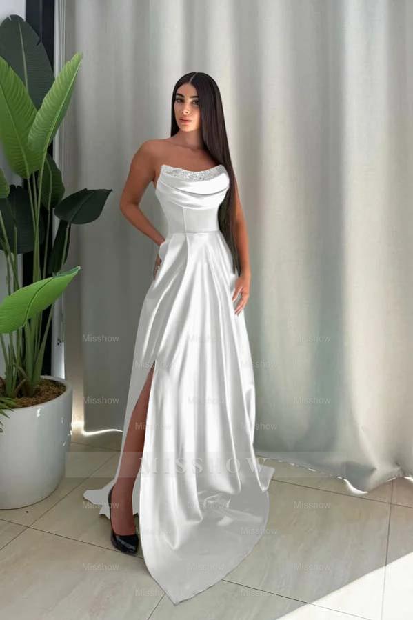 Strapless Sleeveless Long Split Formal Dress With Pleated Sequin