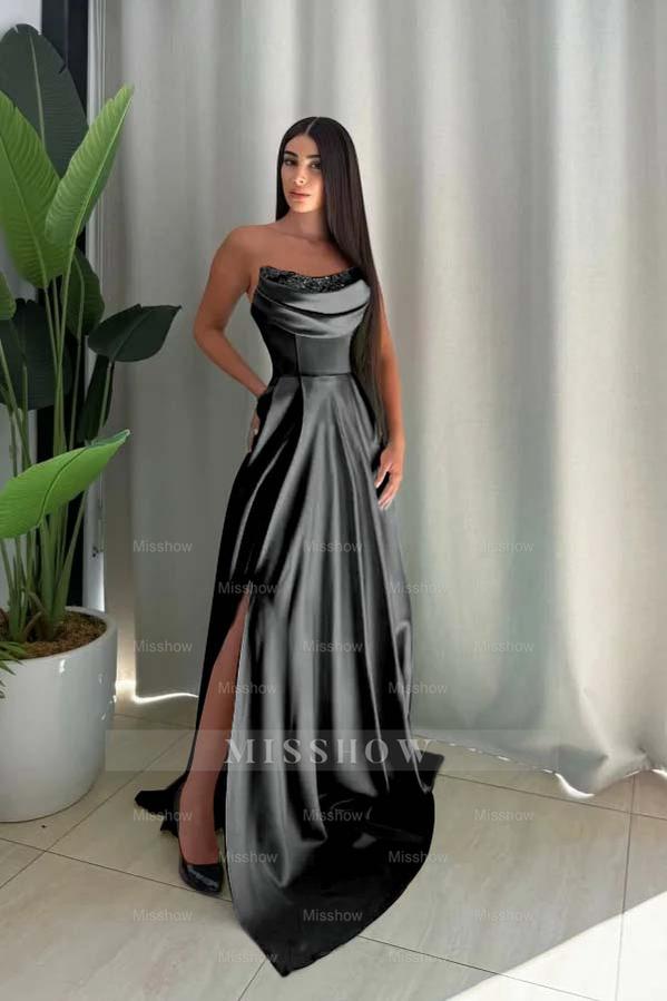 Strapless Sleeveless Long Split Formal Dress With Pleated Sequin