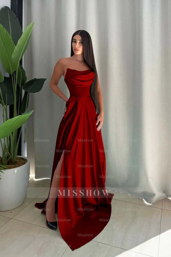 Strapless Sleeveless Long Split Formal Dress With Pleated Sequin