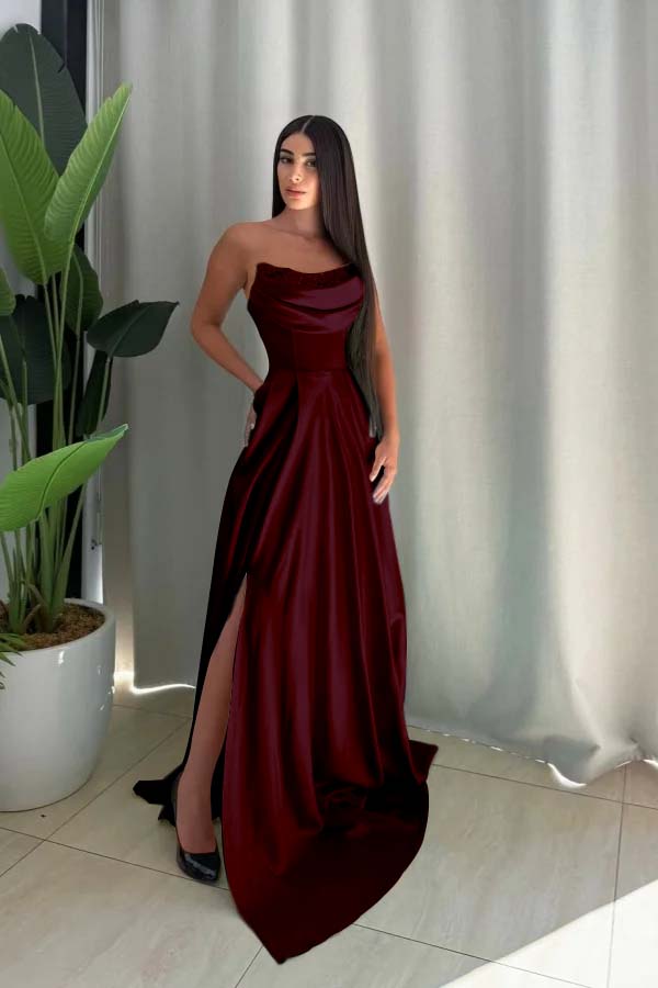Strapless Sleeveless Long Split Formal Dress With Pleated Sequin