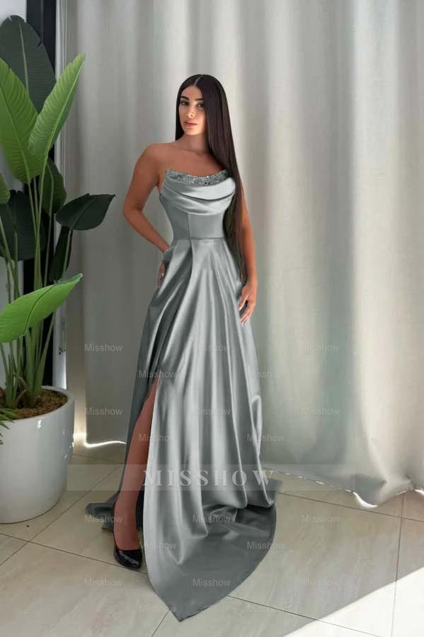Strapless Sleeveless Long Split Formal Dress With Pleated Sequin
