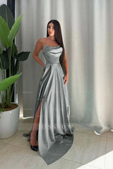 Strapless Sleeveless Long Split Formal Dress With Pleated Sequin