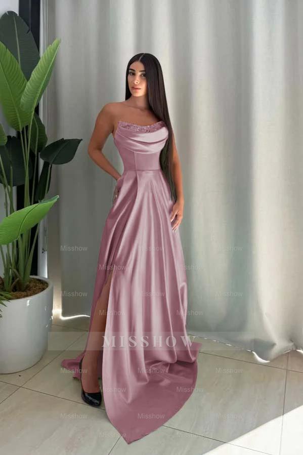 Strapless Sleeveless Long Split Formal Dress With Pleated Sequin