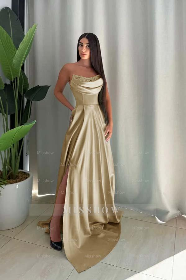 Strapless Sleeveless Long Split Formal Dress With Pleated Sequin