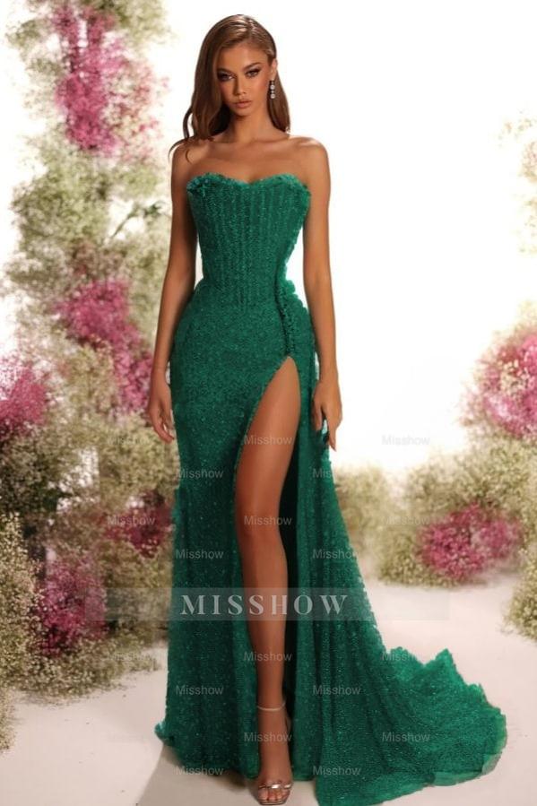 Strapless Sleeveless Long Split Formal Dress With Pleated Sequins