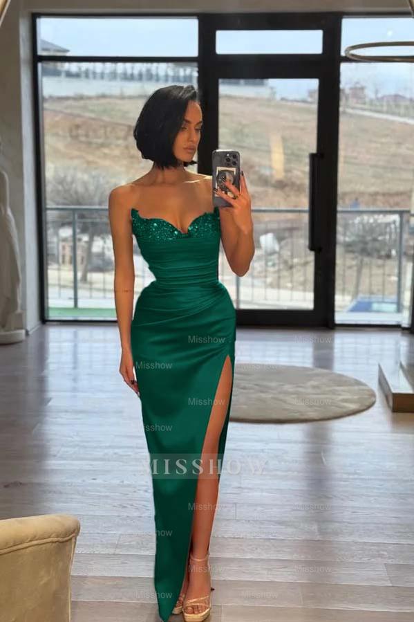 Strapless Sleeveless Long Split Formal Dress With Pleated Sequins