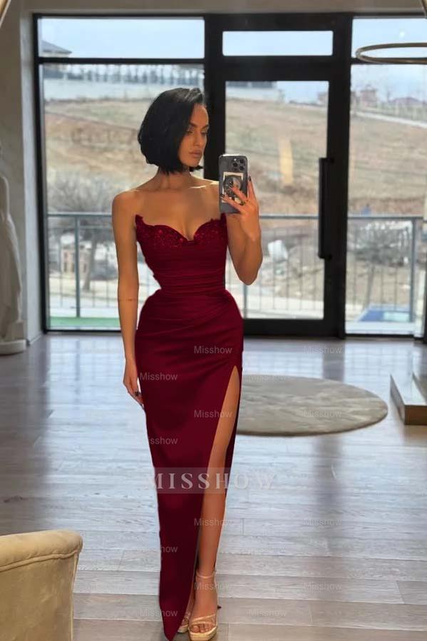 Strapless Sleeveless Long Split Formal Dress With Pleated Sequins