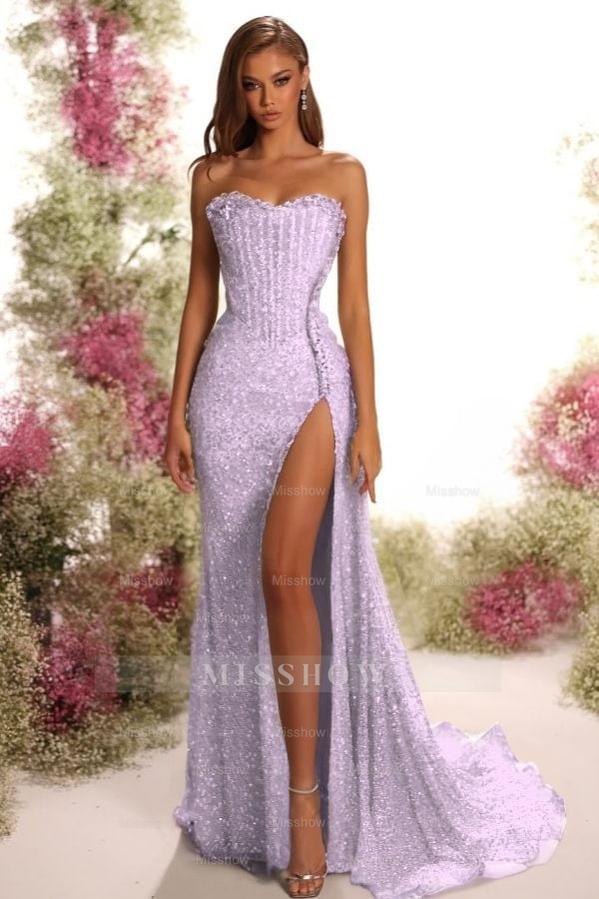 Strapless Sleeveless Long Split Formal Dress With Pleated Sequins