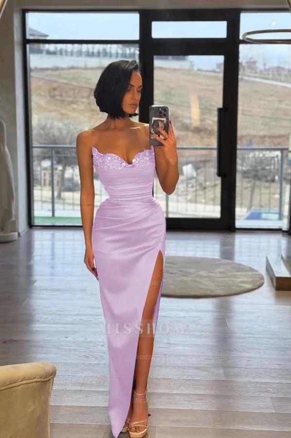 Strapless Sleeveless Long Split Formal Dress With Pleated Sequins