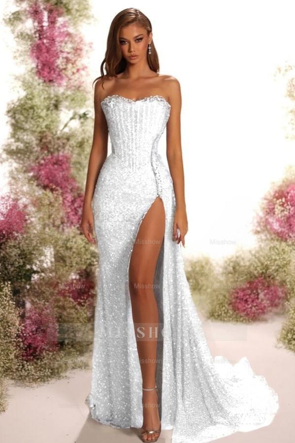 Strapless Sleeveless Long Split Formal Dress With Pleated Sequins
