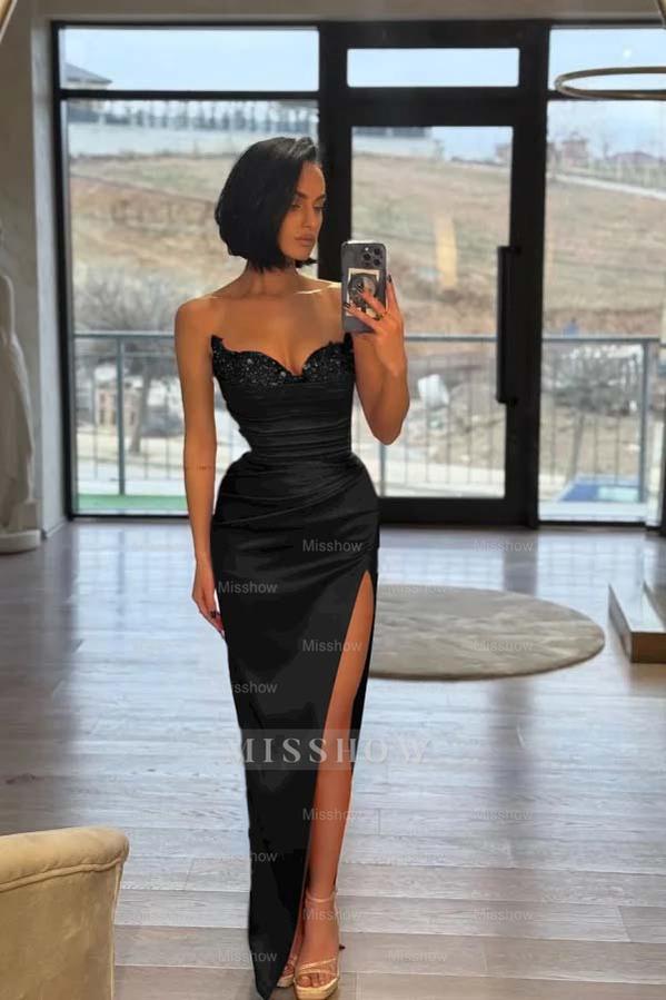 Strapless Sleeveless Long Split Formal Dress With Pleated Sequins