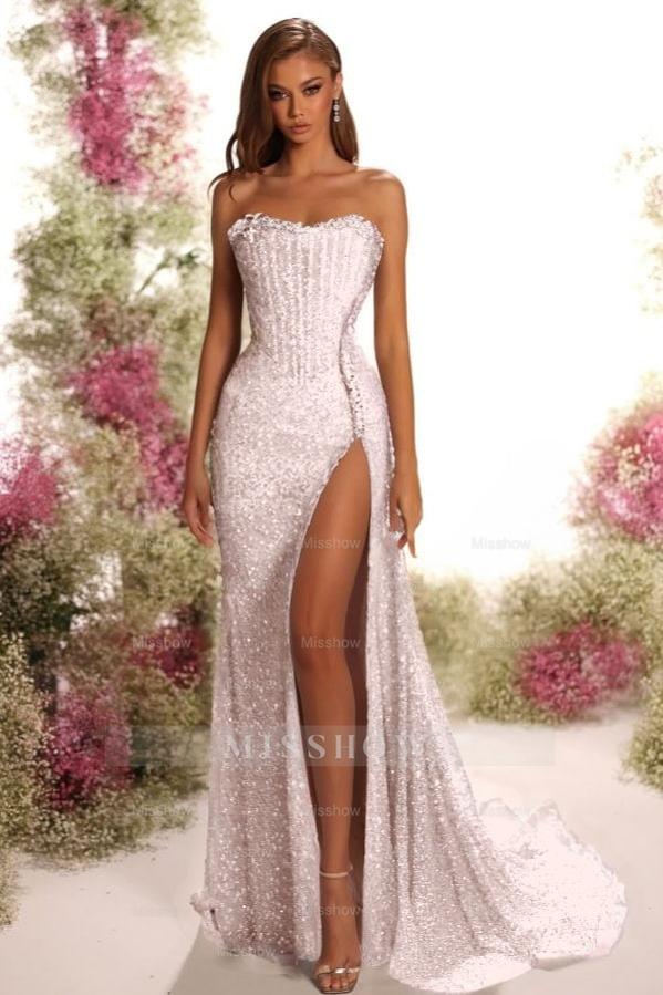 Strapless Sleeveless Long Split Formal Dress With Pleated Sequins