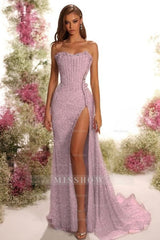 Strapless Sleeveless Long Split Formal Dress With Pleated Sequins