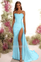 Strapless Sleeveless Long Split Formal Dress With Pleated Sequins