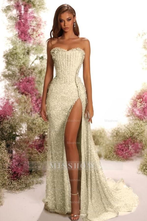 Strapless Sleeveless Long Split Formal Dress With Pleated Sequins