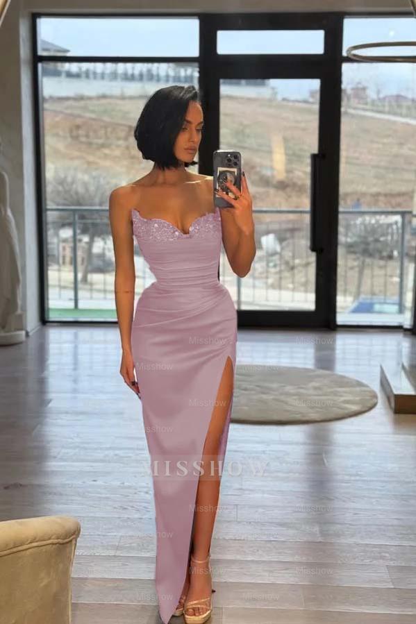 Strapless Sleeveless Long Split Formal Dress With Pleated Sequins