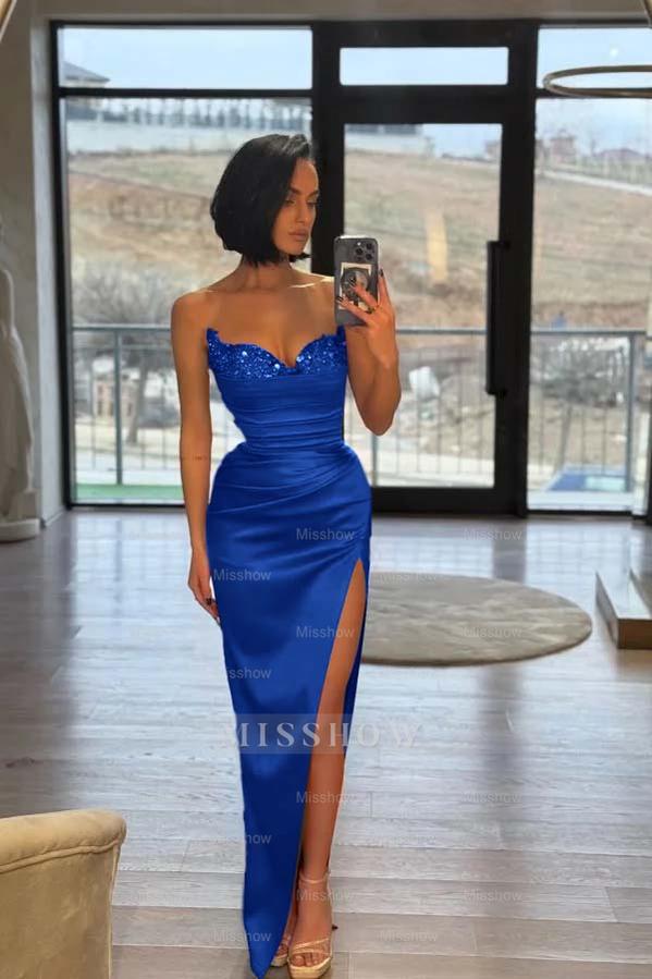 Strapless Sleeveless Long Split Formal Dress With Pleated Sequins