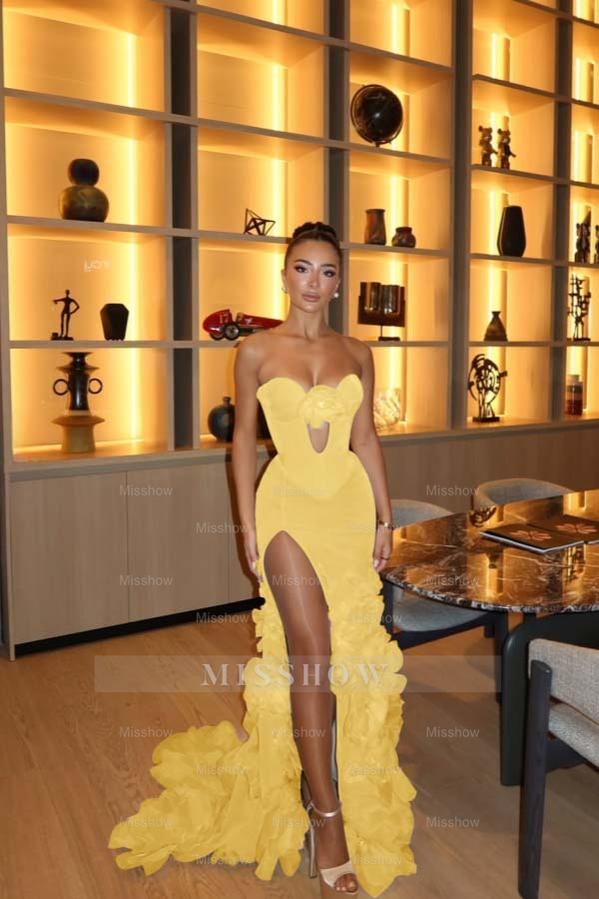 Strapless Sleeveless Long Split Formal Dress With Ruffle Appliques