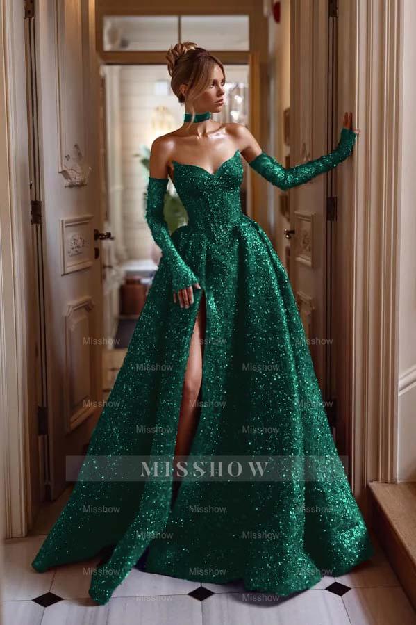 Strapless Sleeveless Long Split Formal Dress With Sequins Detachable sleeves