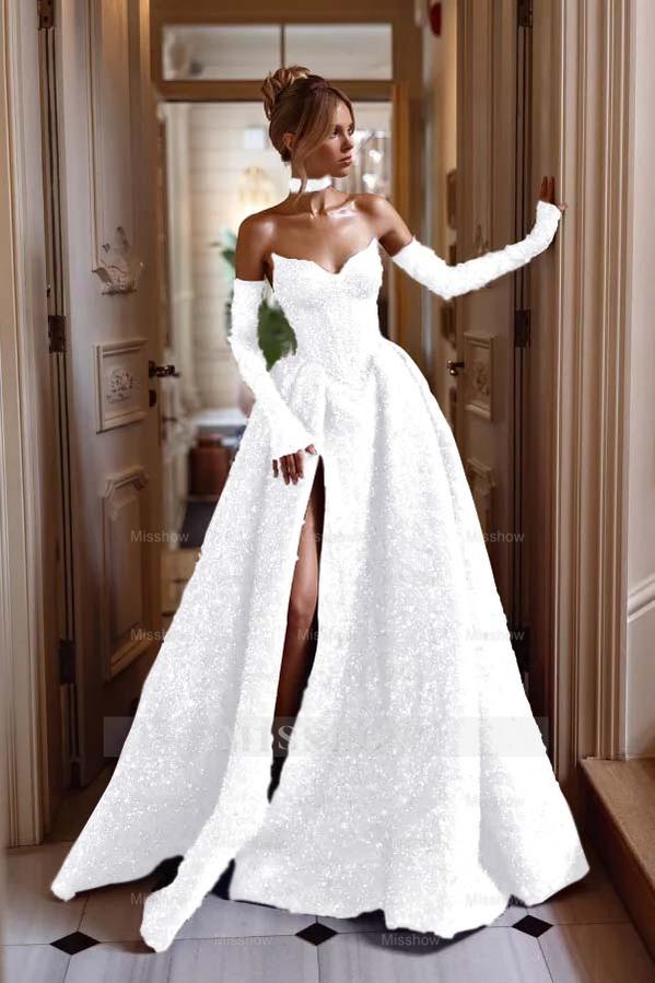 Strapless Sleeveless Long Split Formal Dress With Sequins Detachable sleeves