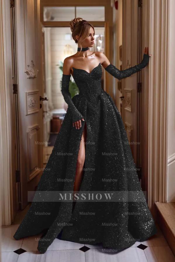 Strapless Sleeveless Long Split Formal Dress With Sequins Detachable sleeves