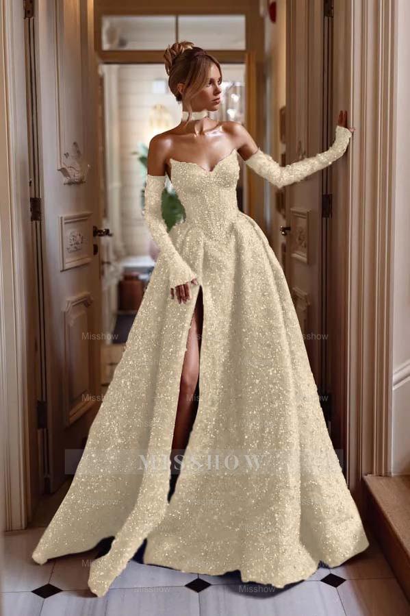 Strapless Sleeveless Long Split Formal Dress With Sequins Detachable sleeves